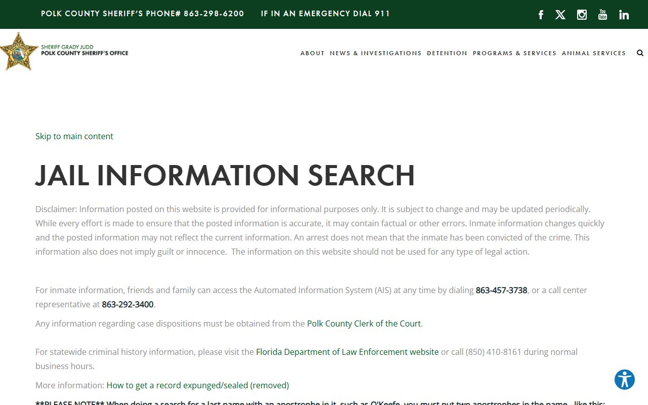 Polk County Sheriff jail inquiry inmate search