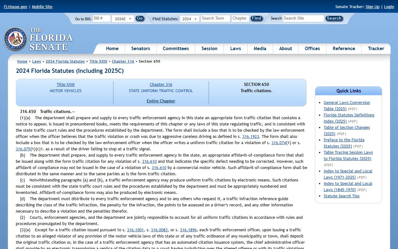 Polk County traffic court records Florida Statutes 316.650 traffic citations statute