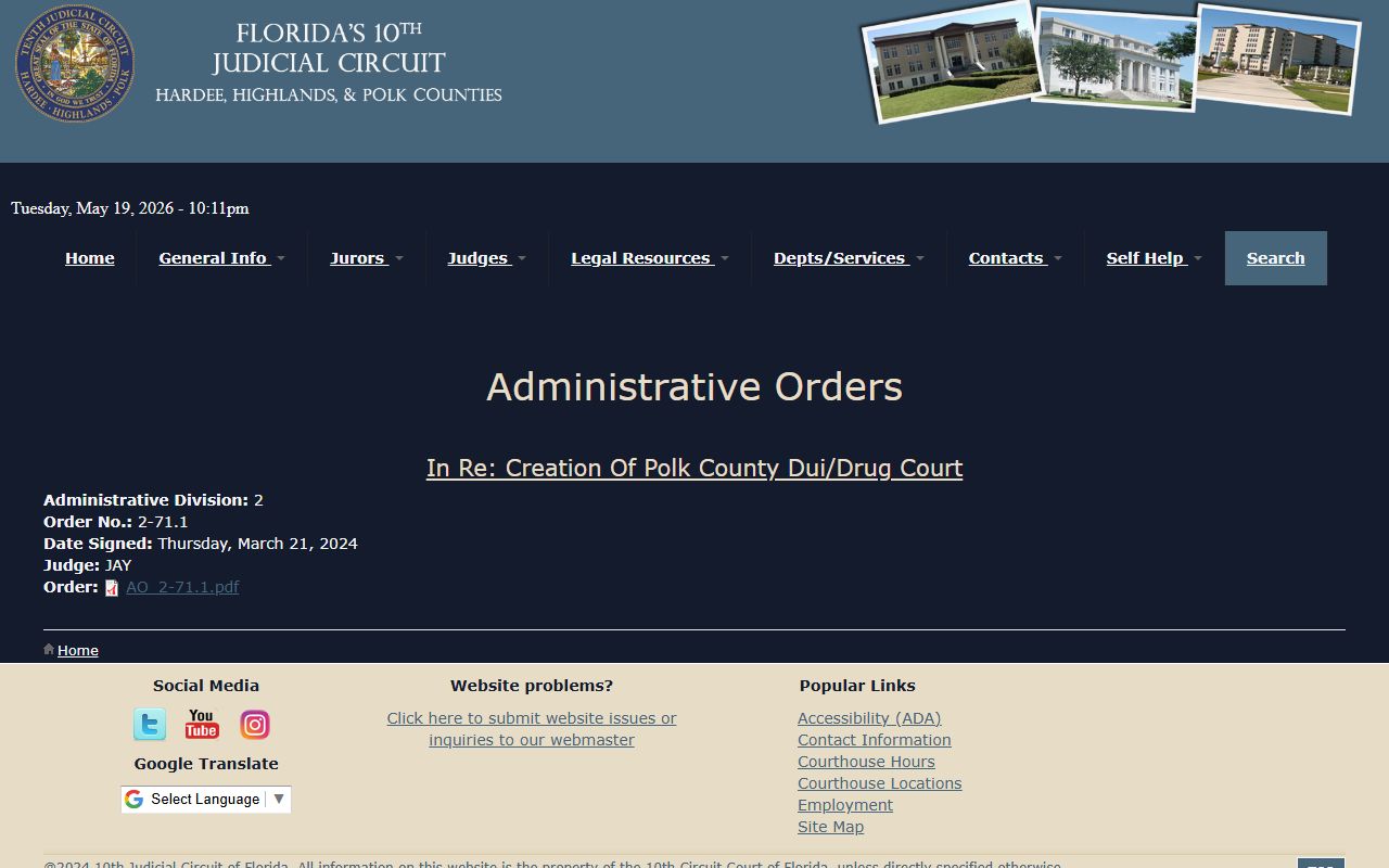 Polk County DUI Drug Court administrative order and specialty court information