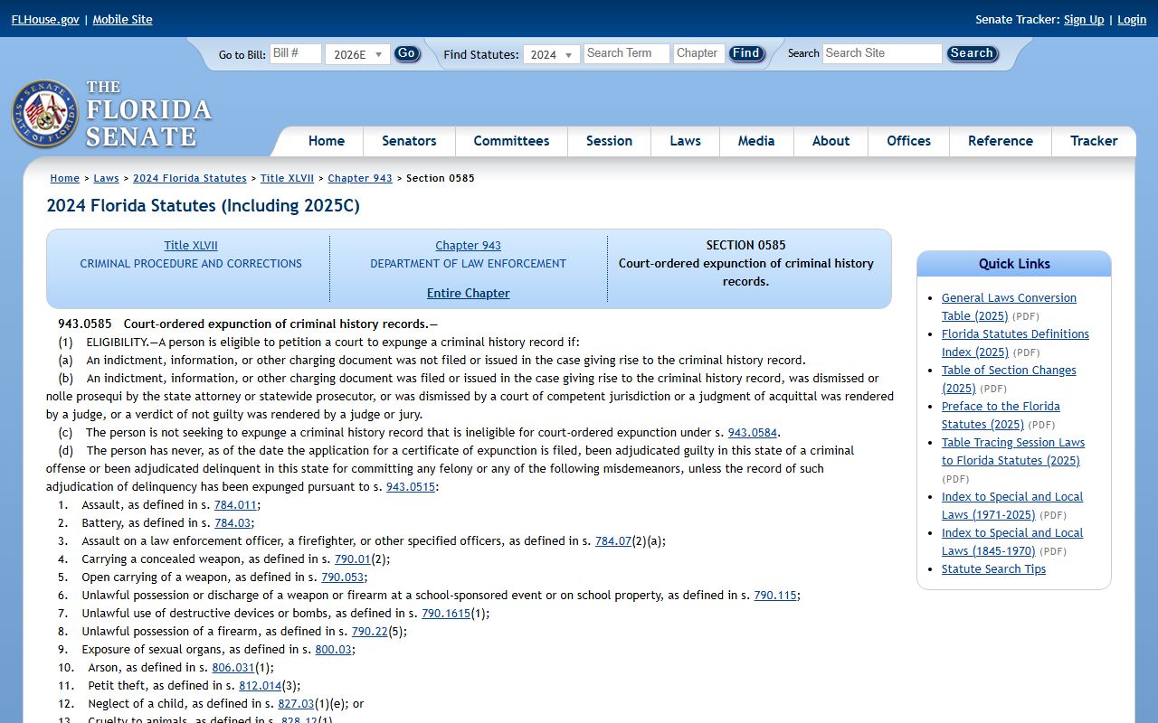 Florida Statutes section 943.0585 court-ordered expunction for Polk County criminal records