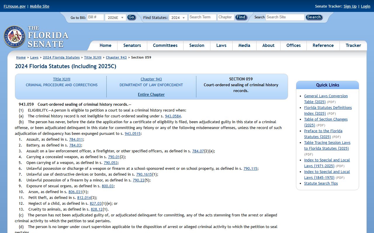 Florida Statutes section 943.059 court-ordered sealing for Polk County criminal records