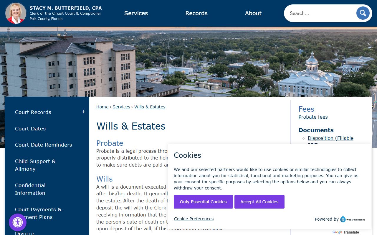 Polk County probate records wills and estates page from Clerk of Court
