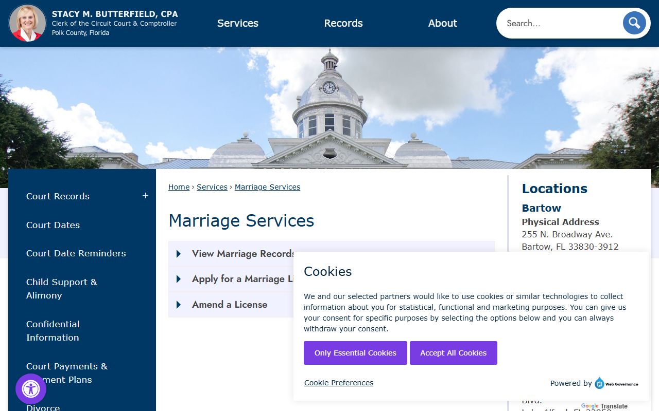 Polk County marriage services page showing the marriage license process and vital records