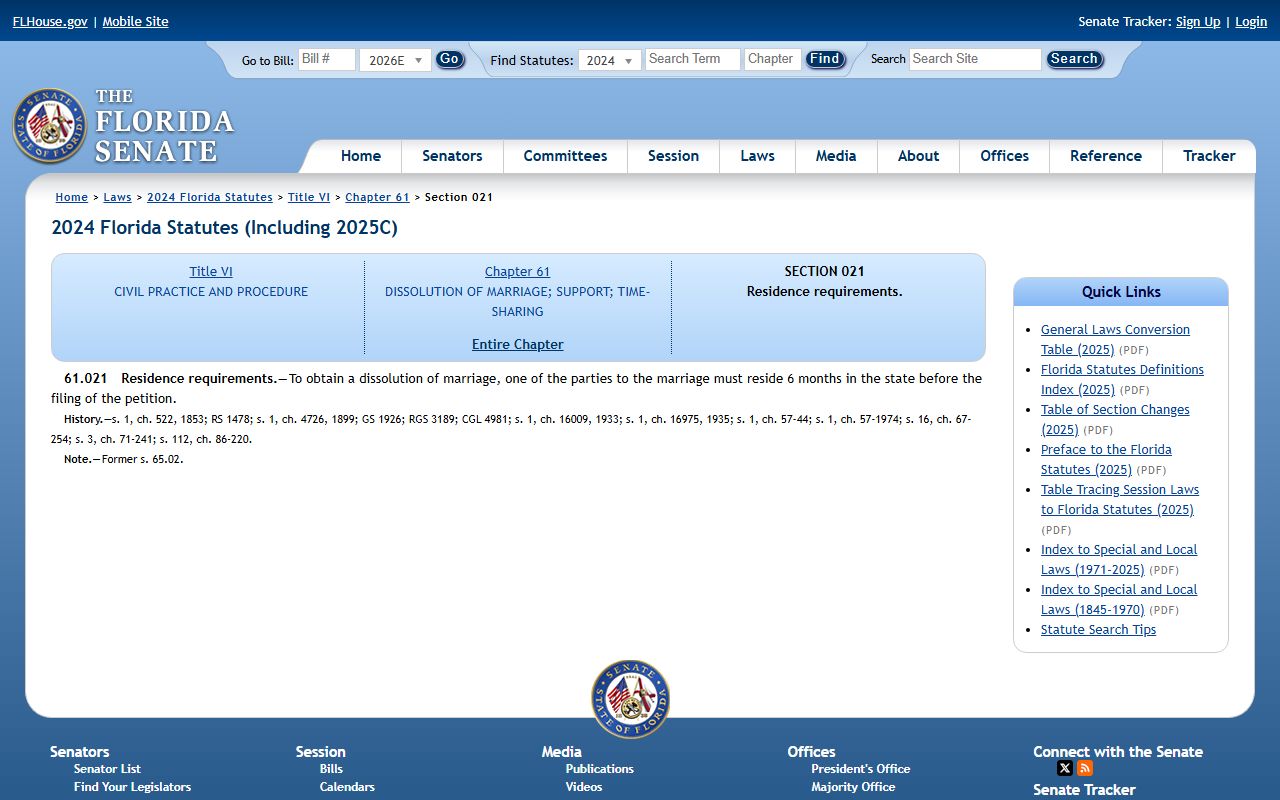 Polk County divorce residency statute Florida Statutes 61.021 case types