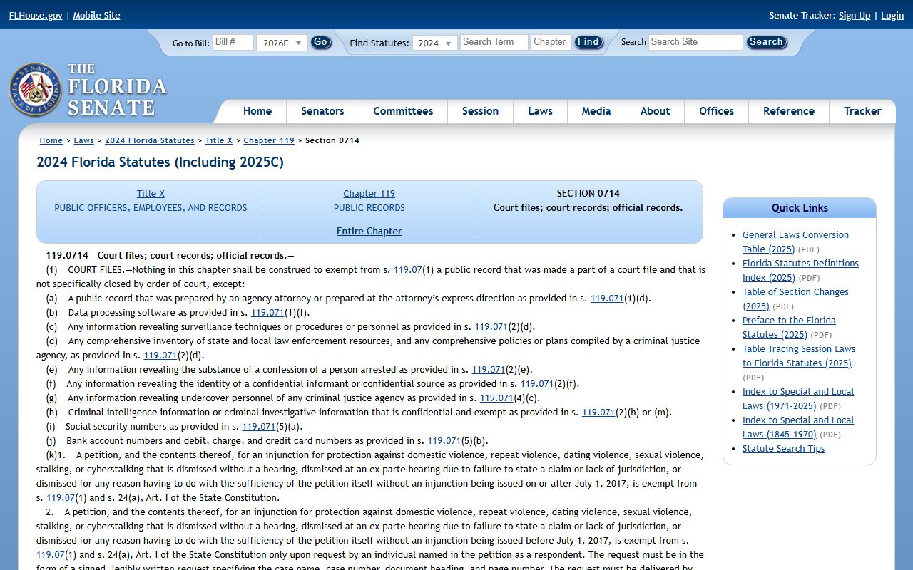 Polk County public records Florida Statutes 119.0714 court files and official records