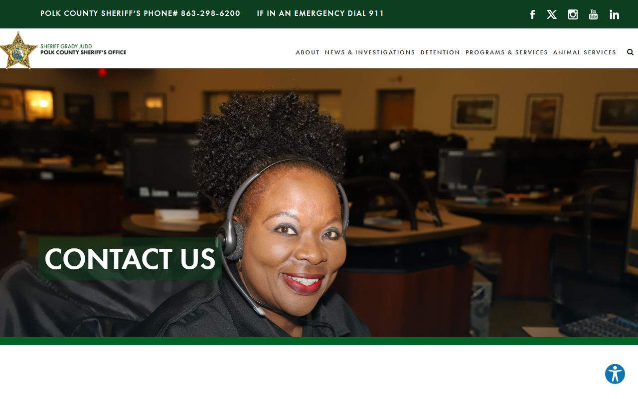 Polk County Sheriff contact page with detention and inmate services numbers