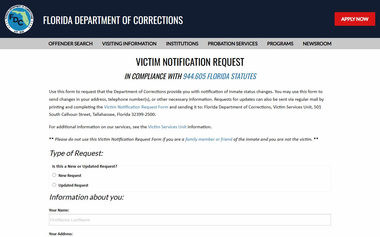 Florida Department of Corrections victim assistance and notification page