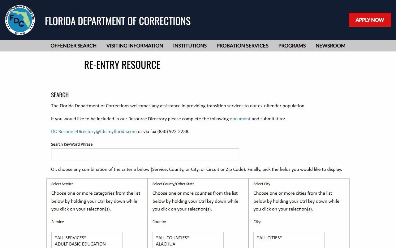 Florida Department of Corrections reentry resource directory filtered for Polk County